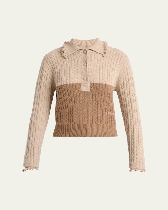Ruffled Cable-Knit Bicolor Pullover